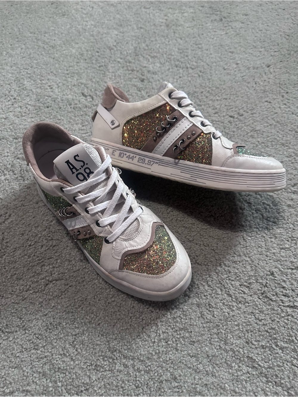 A.S.98 White and Gold Glitter Low-Top Sneakers